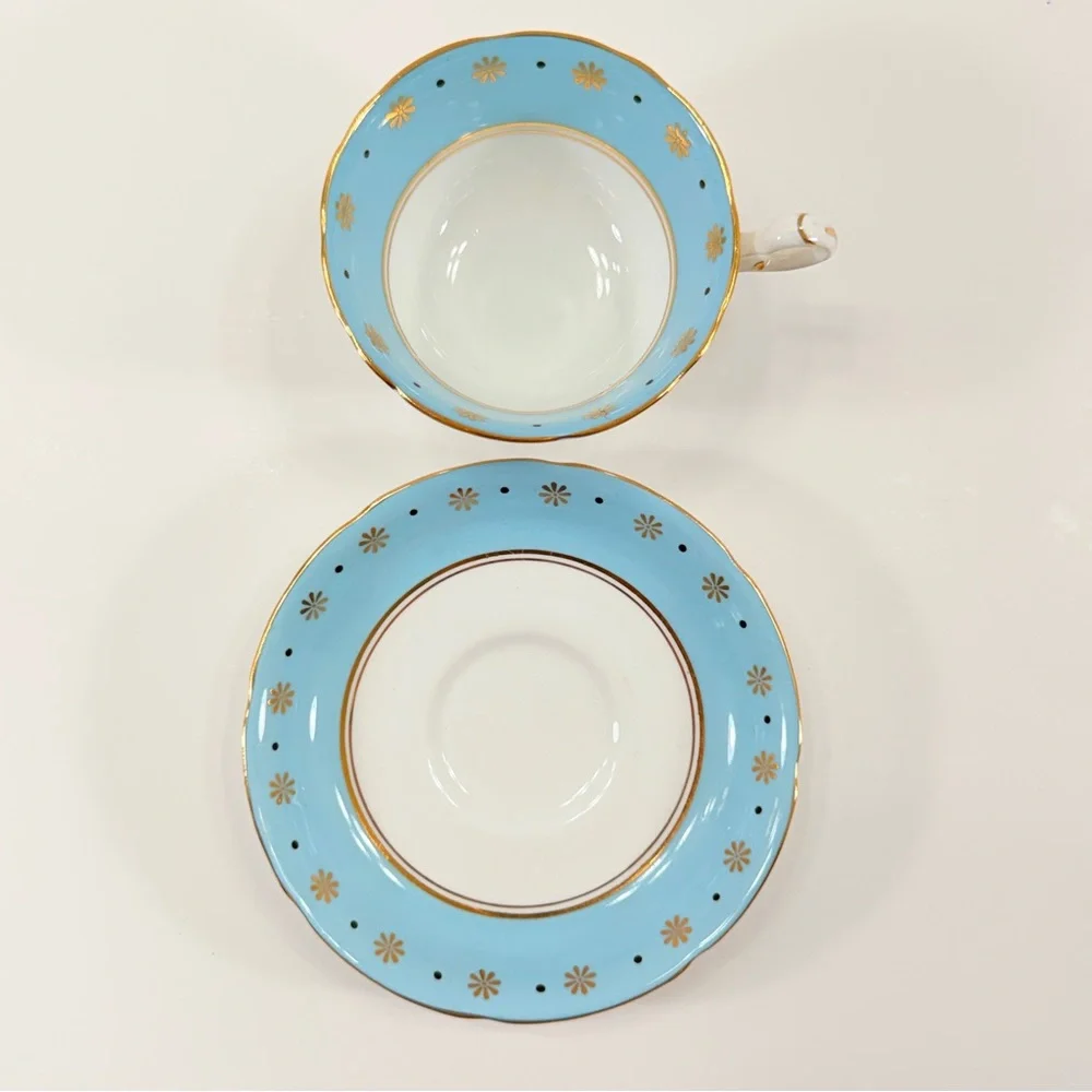 Royal Grafton Teacup Cup & Saucer Fine Bone China England Sky Blue Gold Trim Vtg